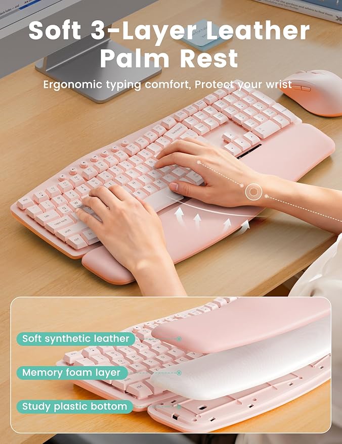 Pink Quiet Wireless Keyboard and Mouse Combo, 2.4G Ergonomic Wave Key Board with Cushioned Plam Rest, Full-Size Soft Typing Keyboards, 3 DPI Adjustable Silent Mouse for Computer/Laptop/Windows/Mac