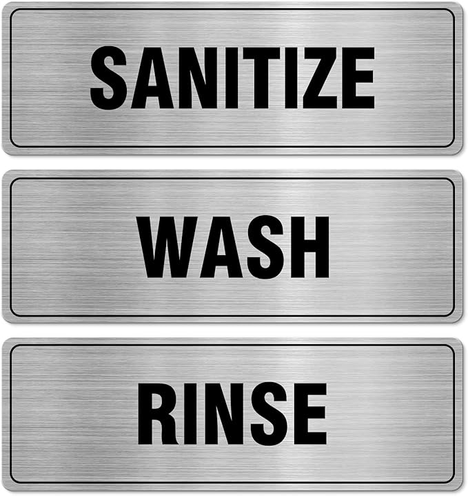 Wash Rinse Sanitize Sign Aluminum Silver 9 x 3 Inches Self-Adhesive Waterproof Metal Door Wall Sign for Business Offices 3 Pack