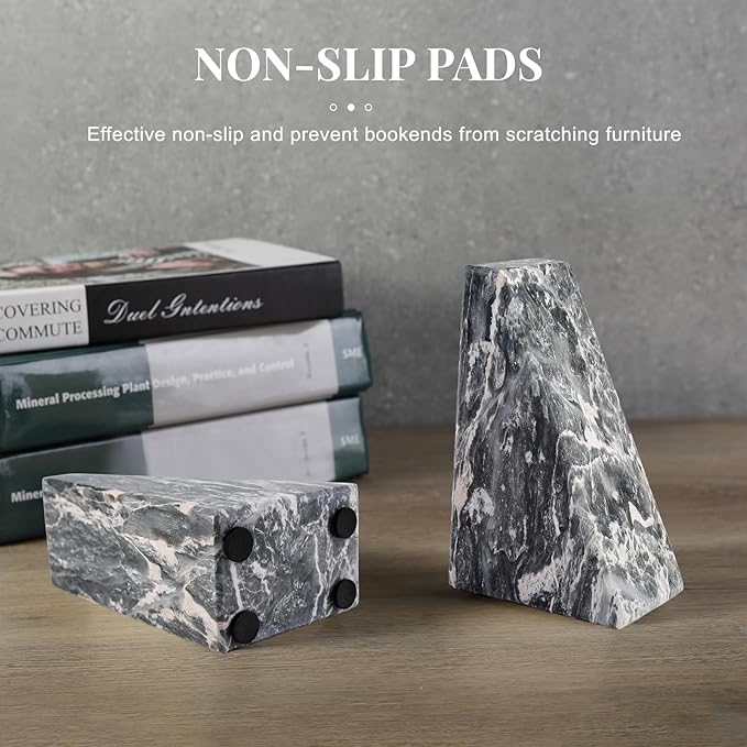 Koville Marble Bookends for Shelves, Large Bookends for Heavy Books, Natural Stone Book Stopper for Books CD Movies, Aesthetic Decorative Book Ends (Grey)