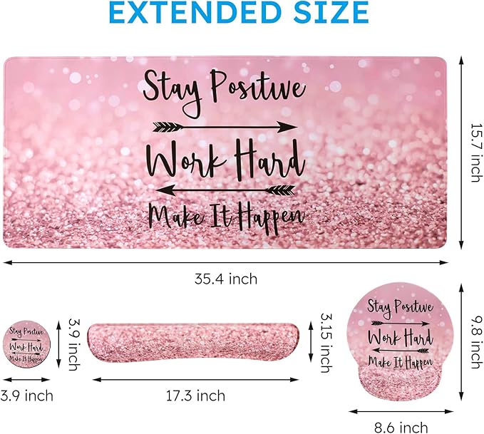 iCasso Mouse Pad,Large Pink Desk Mat Set, 4in1 XXL Mousepad + Keyboard Wrist Rest+Mouse Wrist Rest+Coaster with Ergonomic Desk Pad for Home Office Table Computer Cover -Pink Stay Positive