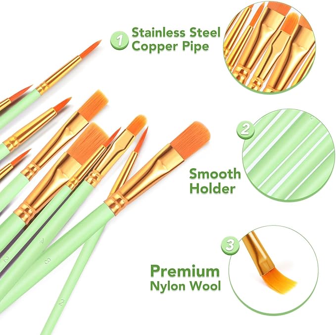 ESRICH Paint Brushes Set,16 Packs 160 Pcs Acrylic Paint Brush Set,Acrylic Oil Watercolor, Face Nail Art, Miniature Detailing,Rock Painting,Painting Artist Professional Kits(Green)