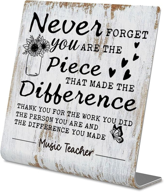 TRCENDE Never Forget Music Teacher Sign, 4"x4", Stainless Steel, Tabletop Decor, Gift, Motivational Decor