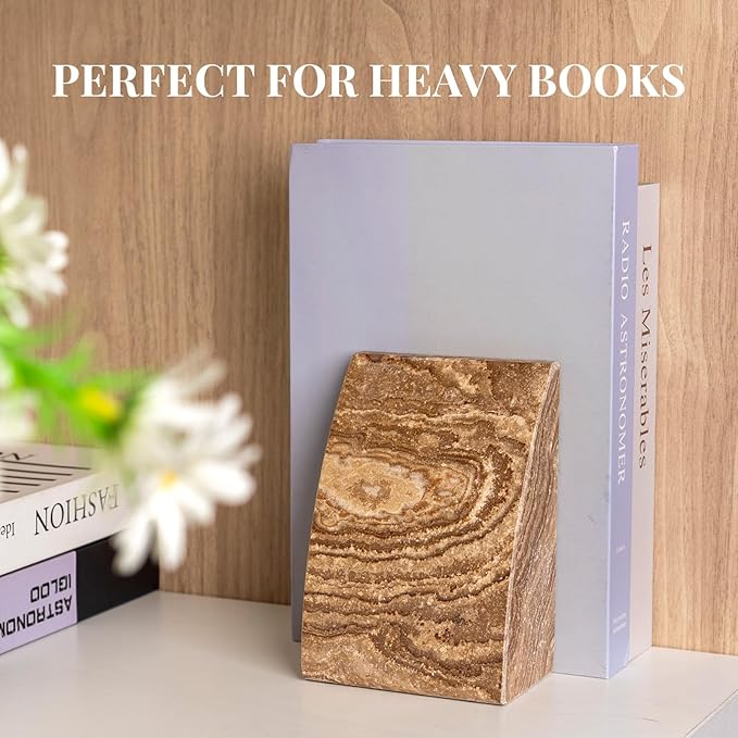 Koville Travertine Bookends for Shelves, Large Stone Bookends for Heavy Books, Non-Slip Heavy Duty Book Stopper for CD/Movies, Aesthetic Decorative Book Ends for Bookshelf Table Home Decor(Brown)