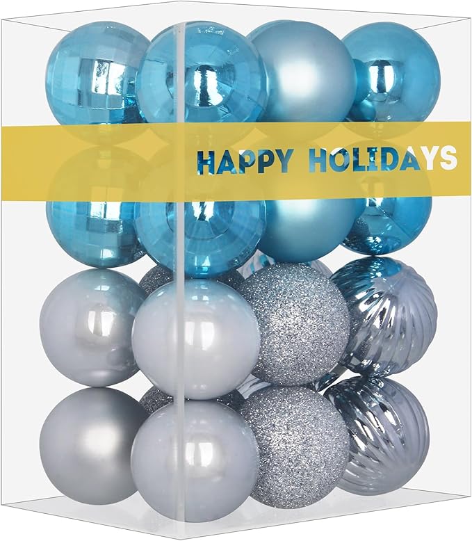 Baby Blue & Silver 1.6" Small Christmas Balls Christmas Tree Decoration Ornaments Shatterproof Hanging Balls for Birthday Halloween Holiday Wedding Decorations Set of 24pcs