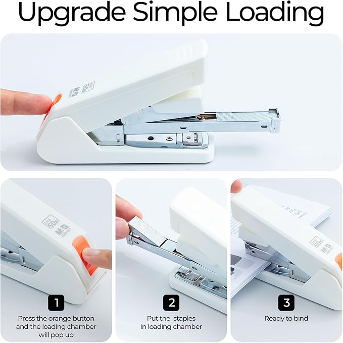 M&G Effortless Stapler 50 Sheet Capacity One-Touch Stapling, Heavy Duty Desktop Stapler Includes 1000 Staples and Remover, Portable Handheld Staplers for Home & Office (White)