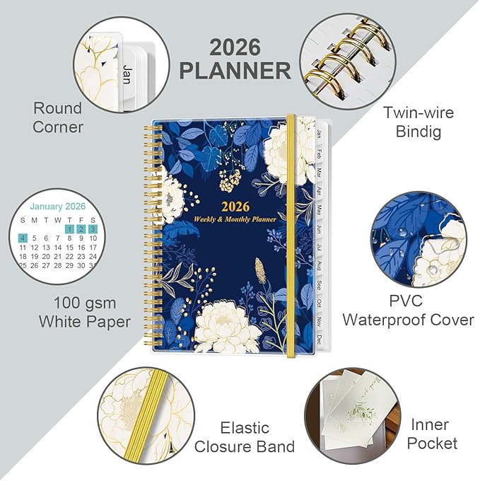 2026 Planner - Weekly Monthly Planner 2026 from January 2026 to December 2026 with 12 Monthly Tabs, Flexible Cover, Inner Pocket, 8.5" x 11", Blue Leaf Flower