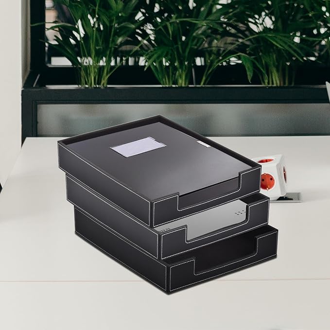 Leather Letter Tray, Office Supplies Desk Organizer for Mail Paper Files Magazines Jewelry Cosmetics,Luxury Letter Holder&Multipurpos Stackable Office Desktop Storage Box,Black