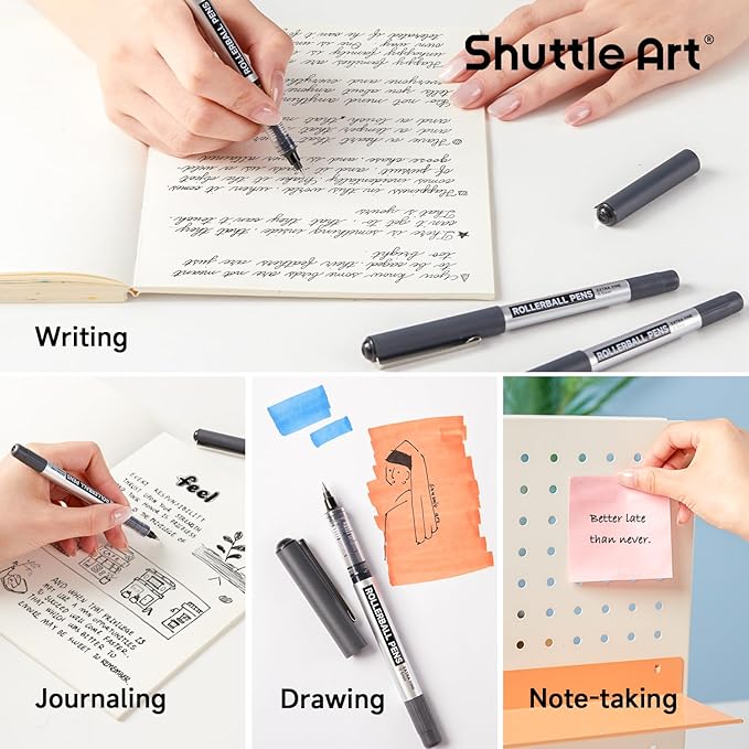 Shuttle Art RollerBall Pens, 50 Pack Black Fine Point Roller Ball Pens, 0.5mm Liquid Ink Pens for Writing Journaling Taking Notes School Office