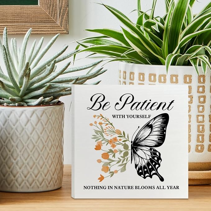 Therapy Office Desk Wooden Box Sign Decor, Mental Health Wood Box Sign Decorations for School Psychologist Therapy Office, Gifts for Therapist Psychologist School Counselor, Be Patient with Yourself