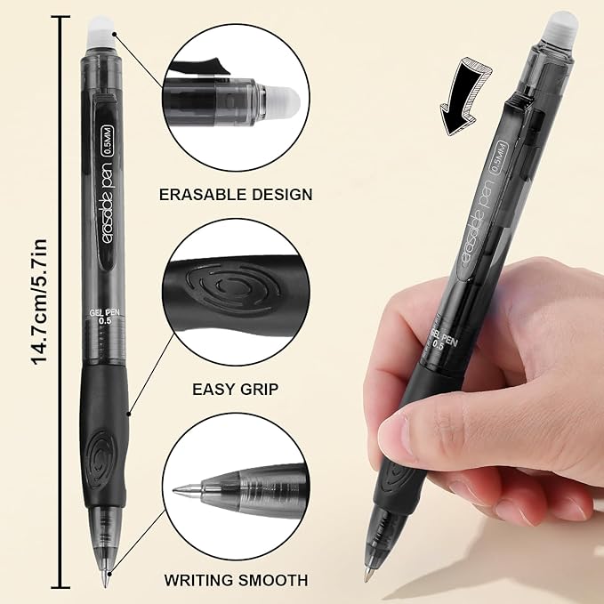 USUAL Retractable Erasable Pens 12 Colored Erasable Gel Pen 0.5mm Erasable Gel Pens Black Make Mistakes Disappear Smooth Writing Pen Office Back-to-School Supplies (Black)