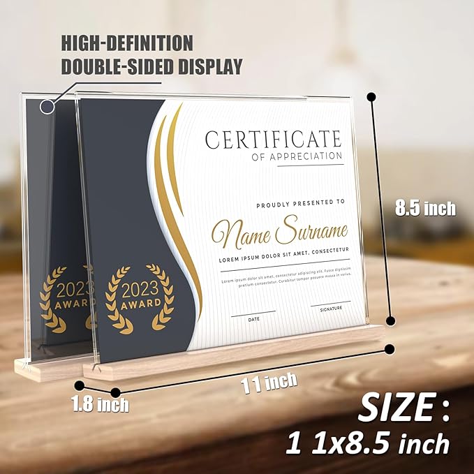 Acrylic Sign Holder 11x8.5 with Wood Base,T-shape Table Display Stands for Office,Store,Restaurants and Event use,Flyer Holder for Ads, Menu, Picture(3 packs,horizontal-L11*H8.5inches)