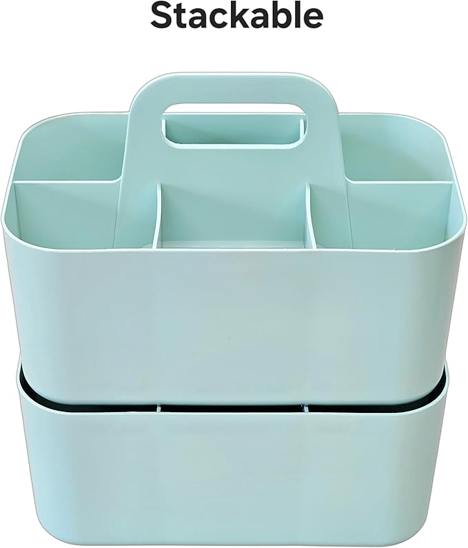 2 Pack Small 6 Compartment Multiuse Caddy Organizer with Handle Art Craft Supplies, Office, Desk, Stationery Pen Holder Stackable- Made In USA (Mint)