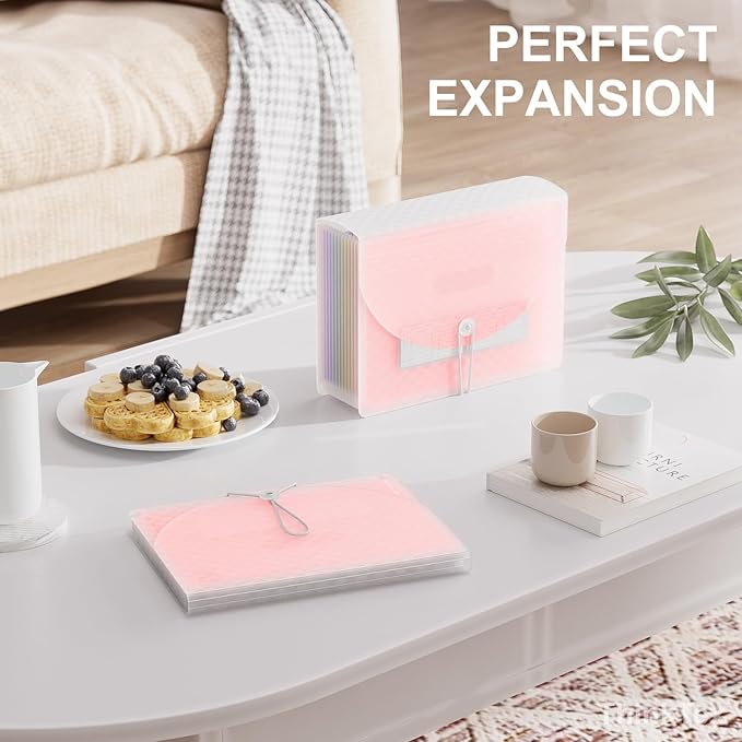 ThinkTex Accordion File Organizer, 12 - Pocket Expanding File Folders for Paper Receipts, Bills&Taxes Organizer, Letter/A4 Size Document Holder for School, Office, Home with Colorful tabs- Pink