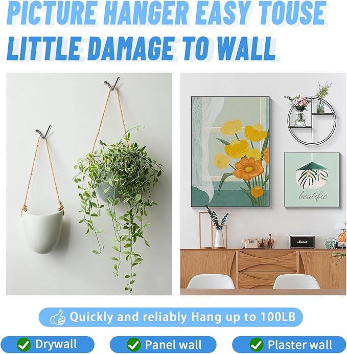 20pcs Black Super Hook Picture Hangers and Office Pack, Drywall Hooks for Hanging Pictures, Wall Hooks, Picture Hangers, Picture Hanging Kit，Hang Art, Clock, Shelves, Mirrors