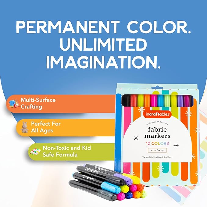 Incraftables Fabric Markers - 12 Pack Permanent Non-Bleed Markers for Clothes, Kids Crafts, Canvas Tote Bags, Quilting, & More - Vibrant Fabric Paint Pens