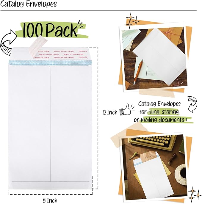 ACSTEP 9x12 Catalog Envelopes Self Seal 100 Packs, White Security Letter Envelopes with Peel and Seal Closure,Printable Envelopes for Mailing, Organizing and Storage