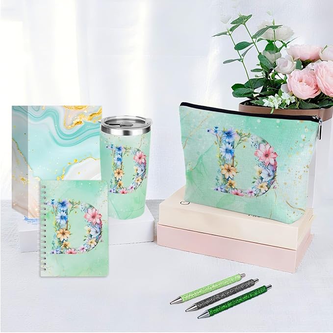 Personalized Gifts Monogrammed Birthday Gifts for Women, Boss Teacher Appreciation Christmas Initial 20 oz Tumbler, Makeup Bag Cup Ballpoint Pens Journal Notebook 6 Set, (Aesthetic Green Flower D)