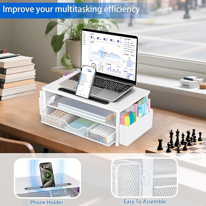 AUPSEN White Monitor Stand Riser, 2-Tier Wood Computer Desk Organizer with Drawer, Pen Storage & Phone Holder ，Office Desk Accessories Desktop Organizer for Office Supplies