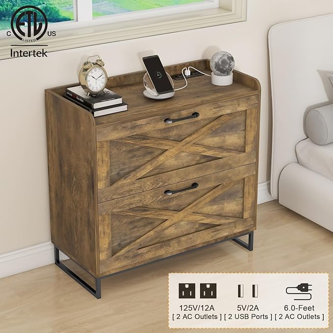 File Cabinet 2 Drawers Lateral File Cabinet with Charging Station for Letter/Legal/A4 Size Hanging Files, Large Wood File Storage Cabinets Printer Stand for Home Office, Brown