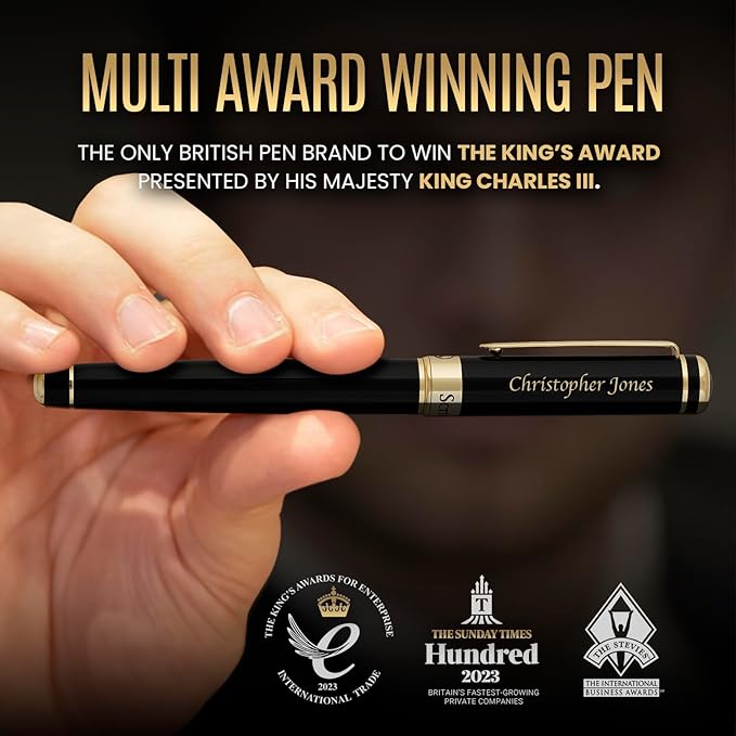Scriveiner Personalized Black Rollerball Pen - Stunning Luxury Pen, Jet Black Lacquer & Real Gold Plating, Schmidt Ink Refill, Best Engraved Roller Ball Gift for Men & Women, Custom Name Engraving