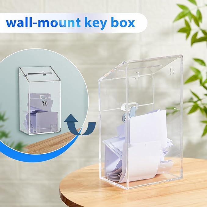Acrylic Donation Box 10.2" x 5.6" x 4" Suggestion Box with Lock and Slot Wall Mount Safe Key Drop Ballot Clear Fundraising for Home Office Vote