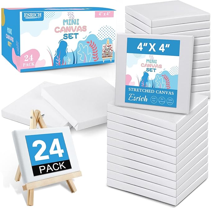 ESRICH Mini Canvases for Painting,4x4In Canvas in Bulk 24Pack, 2/5In Profile Small Square Canvas, Blank Canvases are Great for School Projects and Kids Birthday Parties, Home Decor Project.