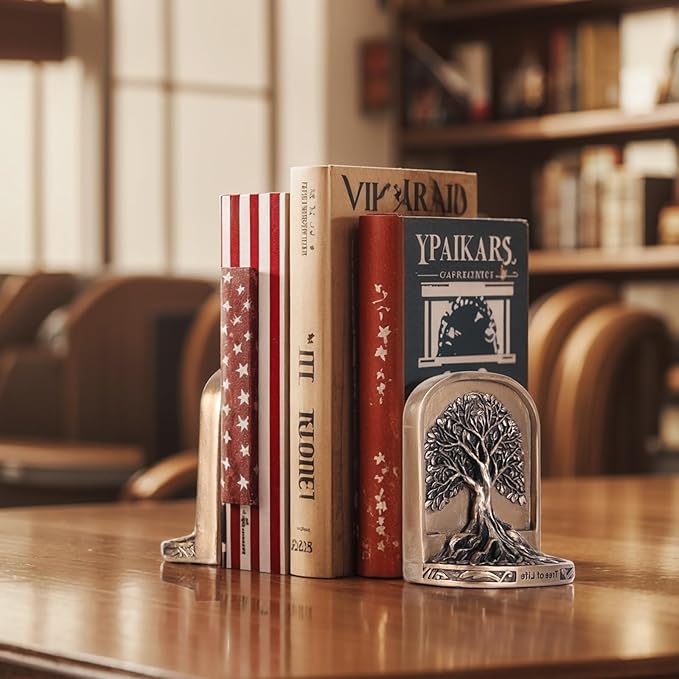 Antique Bronze Color Tree of Life Bookends Set, 2 Non-Skid Heavy Bookends for Shelves or Bookcase, Decorative Bookends for Desktop Shelf Decor, Library Office Decor, Home Décor Gift