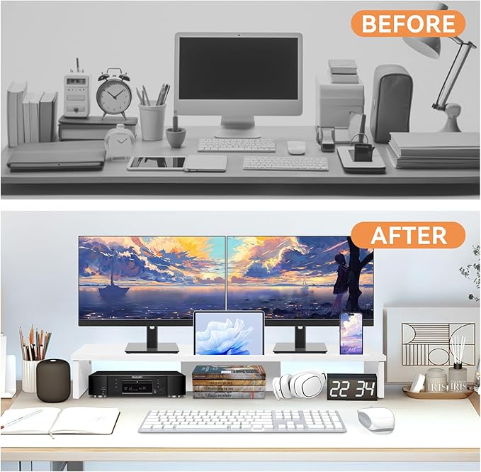 Dual Monitor Stand Riser with LED Lights and Phone Tablet Holder, 35.8in Large Monitor Stand for Desk, Computer Monitor Stand for 2 Monitors, Desktop Shelf Organizer for Laptop, Printer, TV