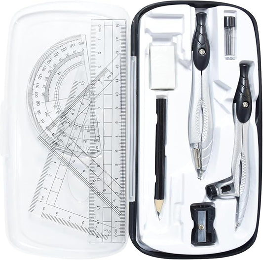 SAYEEC Geometry Set, 10 Pcs Math Protractor Compasses Kit with Ruler, Triangles, Eraser, Sharpener, Lead Refills, Pencil, Storage Box, Drafting Drawing Tools for Architects Engineers Artists Students