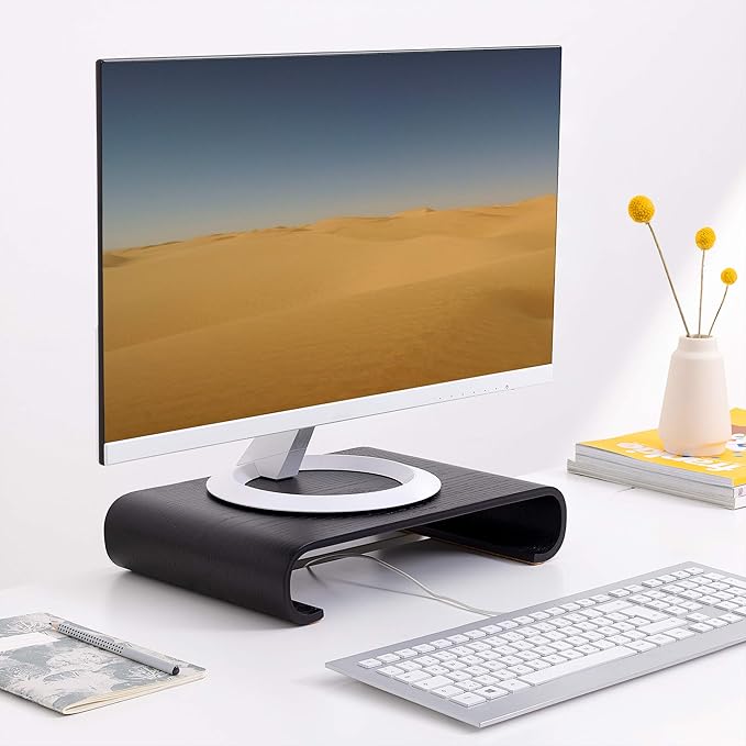 Navaris Wood Monitor Stand Riser - Computer Desk Organizer Desktop Dock Wooden Mount Display for PC TV Screen Notebook Laptop - Oak with Black Stain