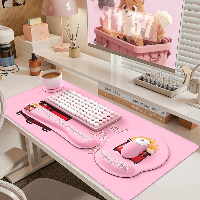 iCasso Desk Mat Set,Ergonomic Wrist Rest for Keyboard and Mouse,Funny Dumpster Fire Desk Accessories,Cute Pink Mouse Pad for Women Girl, Non-Slip Desk Protector Mat for Office Home Dorm