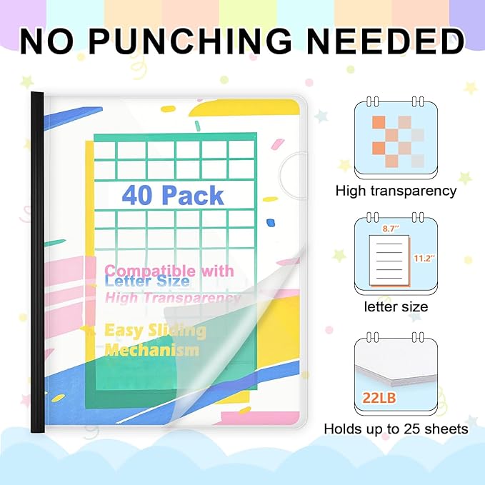 TOTiyea 40 Pack Clear Report Covers with Sliding Bars, 9mm (40 Sheet Capacity) Black Sliding Bar File Folders, for Letter Size