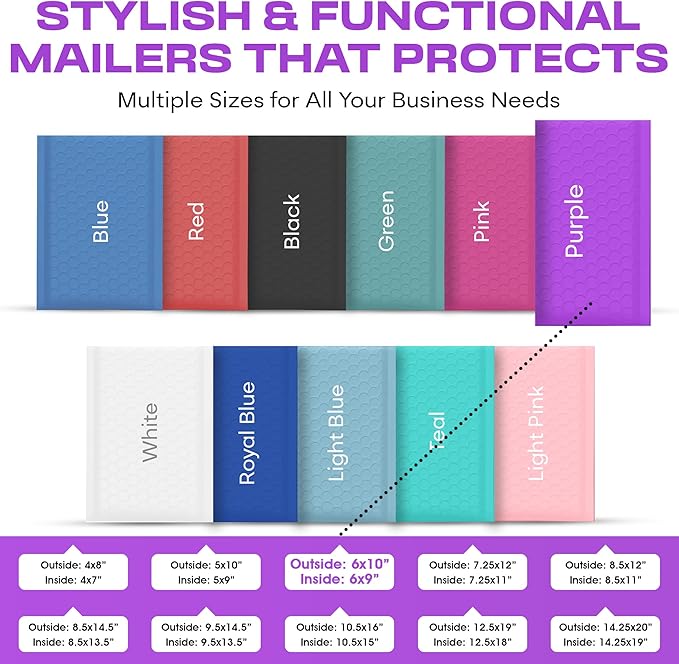 Purple Small Poly Bubble Mailers 6x10 inch #0 | Self Seal Padded Envelopes | Cushioned Bubble Mailer | Usable Size 6x9 | WaterProof | Lightweight mailing Shipping Bags | 500 Pack Bulk