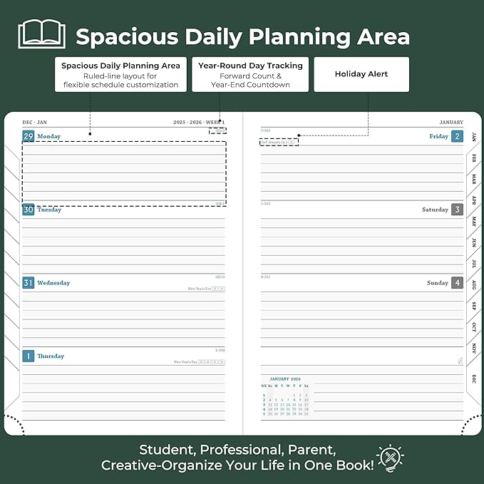 Planner 2026 Daily Weekly and Monthly,8.5"x6.5",12 Months Spiral Bound Calendar Agenda with Self-adhesive Pen Holder,2026 Appointment Book with Vegan Leather Soft Cover,Green