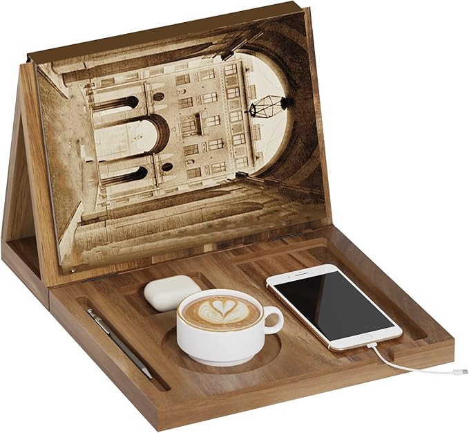 Wooden Triangle Book Stand Holder for Page Rest, Acacia Foldable Nook Reading Valet with Cup,Pen, Glasses and Phone Holder for Bedroom Nightstand Office,Book Lover Gifts for Readers (Acacia)