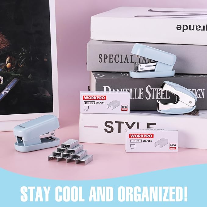 WORKPRO Mini Stapler with Staples, Blue Stapler Set Includes Two Small Staplers, One Staple Remover, 2000 Standard Staples, Lock Design, Non-Slip Base - Staplers for Desk, Classroom, Office