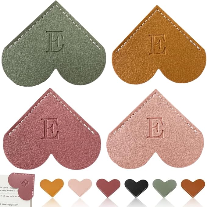 Personalized Leather Heart Bookmark, 26 Letters Customized Corner Book Mark for Reading Women, Book Marker with Initials，Cute Gifts (Light Pink+Deep Pink+Green+Light Brown, E)
