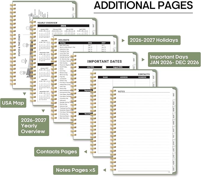 2026 Planner, Weekly and Monthly Calendar Planner Book, January 2026 - December 2026, Hardcover Spiral Planner with Monthly Tabs, Notes Pages, Perfect for Women & Men, A5 (6.4" x 8.5") - Green