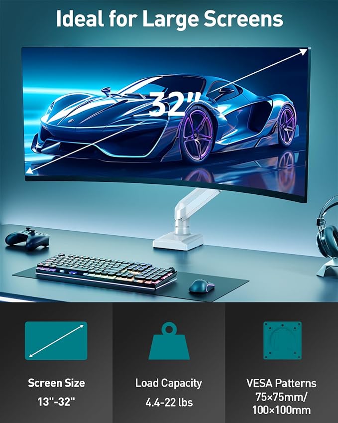 Single Monitor Desk Mount, 13-32 inch Adjustable Gas Spring Monitor Arm, Computer Monitor Stand Holder with Clamp and Grommet Base, Fits 4.4 to 22lbs Screens, VESA Mount Bracket, White, Freelift Pro