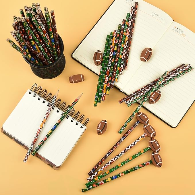 48 Pcs Football Pencils and Erasers for Football Theme Birthday Gifts Assortment Stationery Pencils for Students Office School Classroom Supplies.
