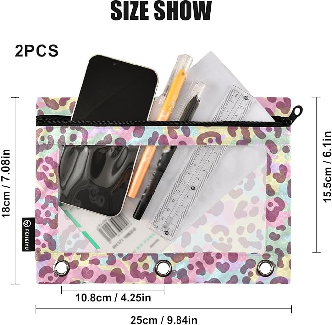 ZAZYXTJ Personalized Leopard Print Binder Pencil Pouchs 3 Ring with Zipper Clear Window Office Organizers bag for School Students Teacher Supplies 2 Pack