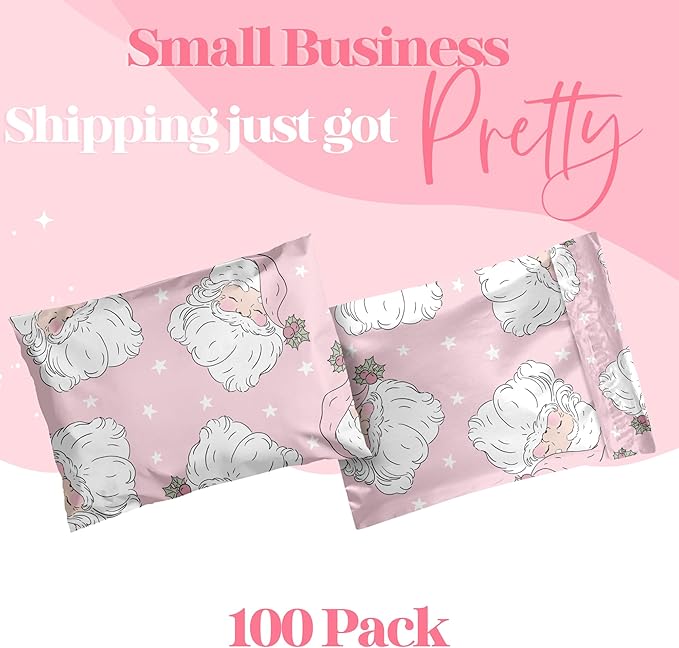 6x9 Designer Christmas Holiday Poly Mailers 100 Pack Heavy Duty Waterproof Self Seal Shipping Bags Large Mailing Envelopes Bulk Tear Resistant Cute Packaging Pink Santa