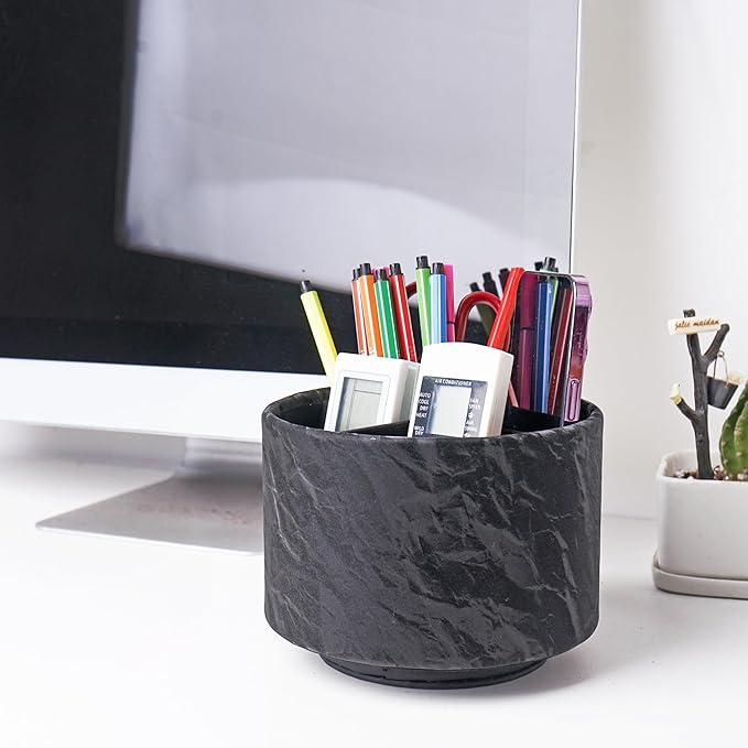 Hennaja Round Leather Art Supply Organizer,Remote Control Holder,360 Degree Spinning,Multi-Functional Pencil Holder,4 Compartments Desktop Stationary Organizer(1-Hill Black)