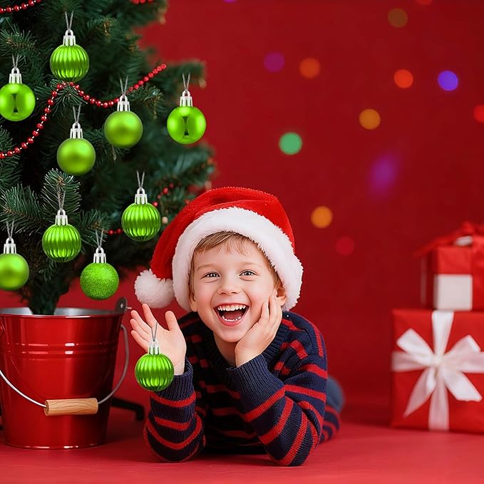 Set of 24 Small Green Christmas Ornaments Balls for Christmas Tree, 1.2 inch Mini Green Ornaments for Mini Tree, Tiny Plastic Shatterproof Hanging Bulbs Xmas Valentine Party Indoor Outdoor Decorations