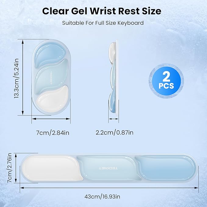 TECKNET Silicone Gel Wrist Rest for Computer Keyboard, Ergonomic Clear Gel Keyboard Wrist Rest Set for Typing Pain Relief, Comfortable Cool-Touch Wrist Support Pad for Office, Gaming, Study, Blue