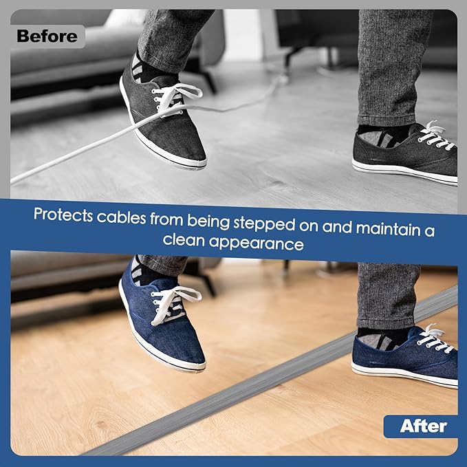 Floor Cord Cover for Wires on Floor Self Adhesive Cord Hider Floor Cable Management Wire Covers for Cords Protector Prevent Cable Trips Cord Cavity W 0.47" x H 0.27", Gray Wood, 20Ft