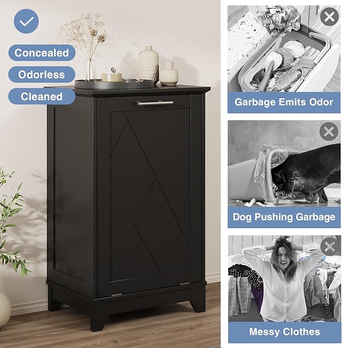 Tilt Out Trash Cabinet, Kitchen Trash Can Cabinet w/Negative ion and deodorizing Function, Dog Proof 10 Gallon Garbage Can Cabinet for Kitchen, Bathroom, Living Room, Black