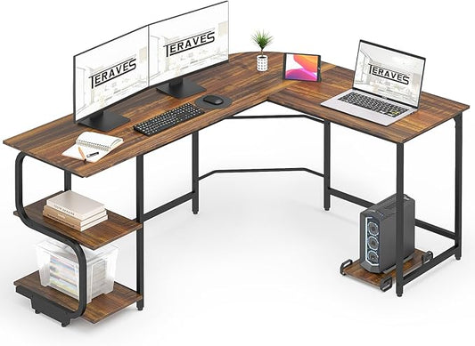 Teraves Reversible L Shaped Desk with Large Surface, 69 Inch Sturdy Corner Desk with Storage Shelves, Premium Office Computer Desk Workstation for Home Office Gaming