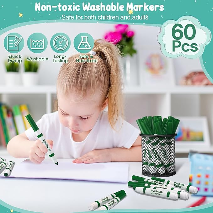 Janlaugh 60 Pcs green Washable Markers Bulk Coloring Broad Line Markers for Kids Conical Tip green drawing pens for Classroom Back to School travel Art baby shower gender reveal Supplies, Ages 6+