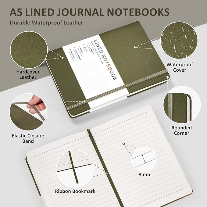 Lined Journal Notebook for Women Men, 200 Pages A5 Hardcover Leather Journals for Writing,Travel,School,Office,Work,Business,College Ruled Notebooks for Note Taking, Diary Notepad 5.7"×8.3"(Green)